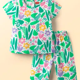 Babyhug Cotton Knit Half Sleeves Capri Co-ord Night Suit With Floral Print - White & Light Green-picture-13
