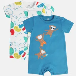 MINI KLUB Cotton Pack Of 2 Half Sleeves Monkeys & Abstract Printed Rompers - Blue & White-picture-41