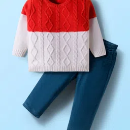 Babyhug Knitted Full Sleeves Sweater Set With Cable Knit Design - Red White & Navy Blue-picture-20