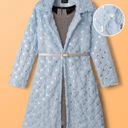 Hola Bonita Knit Shimmer Party Dress & Full Sleeves Fur Jacket With Belt - Light Blue-picture-15