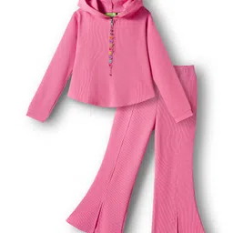 Tiara Waffle Knit Full Sleeves Ribbed Butterfly Tassel Zipper Detailed Winter Sweatshirt With Bell Bottom Pant Set - Pink-picture-28