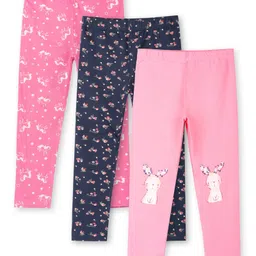 Ariel Cotton Knit Pack Of 3 Floral & Baby Bunny Printed Leggings - Pink & Navy Blue-picture-33