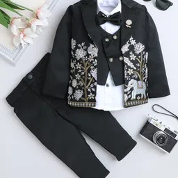 Fourfolds Woven Full Sleeves Floral & Elephant Embroidered 3 Piece Party Suit Set With Bow - Black-image-60