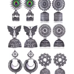 Sangria Set Of 6 Silver Plated Oxidised Dome Shaped Jhumkas-image-89