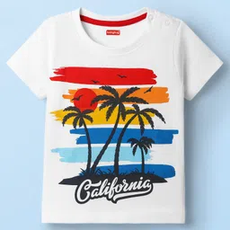 Babyhug Single Jersey Knit Half Sleeves T-Shirt & Shorts With Beach Theme Print - Red & White image 2