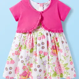 Babyhug Cotton Woven Half Sleeves Frock With Shrug & Floral Print - Pink & White image 2