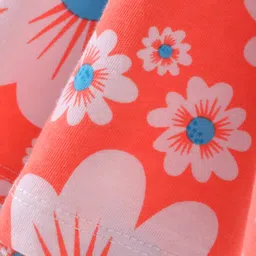 Babyhug Cotton Knit Half Sleeves Frock With Floral Print & Bow Applique - Coral image 3