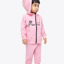 Ariel Pure Cotton Knit Full Sleeves Elephants Printed Light Winter Hooded Sweatshirt & Joggers Set - Pink image 4