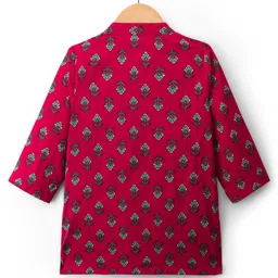 Babyhug Cambric Woven Full Sleeves Kurta Dhoti Set With Floral Print - Red & White image 3