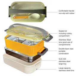 SANJARY Double Daker Insulated Stainless Steel Lunch Box, Double Decker Lunch Box with Fork & Spoon color design may vary image 4