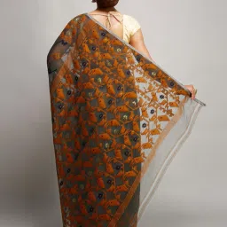 Bengal Handloom Black & Orange Art Silk Jamdani Saree Without Blouse image 2