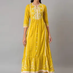 W Yellow Floral Print A Line Kurta-image-70