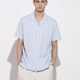 SHOWOFFFF Blue Cotton Relaxed Fit Striped Shirt-image-41