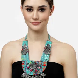 Moedbuille Crystals Studded Handwoven Antique Design Oxidised Silver Plated Tasselled Necklace image 2