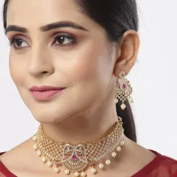 Zeneme Gold Plated White Red AD Studded Drop Pearl Beaded Jewellery Set image 2