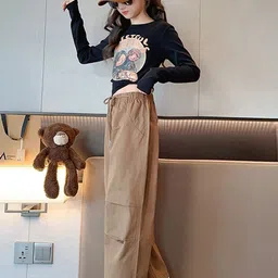 INCLUD Girls Colourblocked V-Neck Extended Sleeves Monochrome Pockets T-shirt image 3