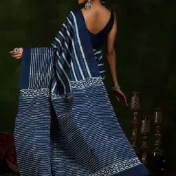 Libas Blue Cotton Striped Saree image 2