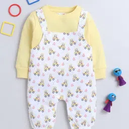 Bumzee Kids White & Yellow Printed Full Sleeves T-Shirt with Dungaree-picture-21