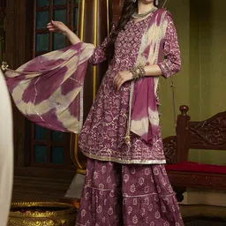 Sangria Purple Floral Printed Notch-Neck Pure Cotton A-Line Kurta With Sharara & Dupatta.-picture-30