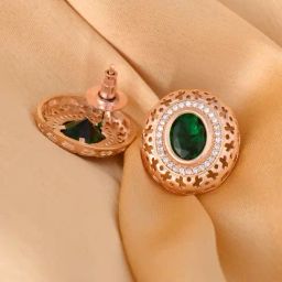 Saraf RS Jewellery Studs Rose gold AD tops Green small earrings-picture-3