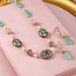Rubans Aqua Green Beaded Antique Pendant Classic Necklace & Earring Sets-picture-48