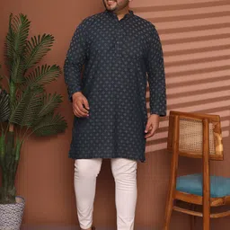 Enchanted Drapes Men Geometric Woven Design Mandarin Collar Thread Work Pure Cotton Kurta-image-19