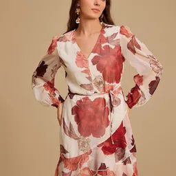 Kazo Women Floral Printed Satin Fit & Flare Mini Dress-image-5