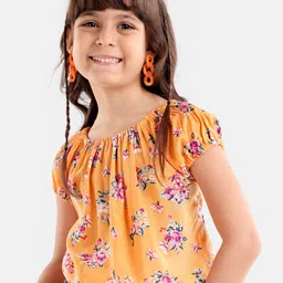 Babyhug Cap Sleeves Off Shoulder Rayon Top With Floral Print & Smocking - Mustard-image-70