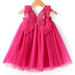 Babyhug Sleeveless Party Frock With Butterfly Wings Corsage & Sequine Detailing - Dark Pink-picture-20