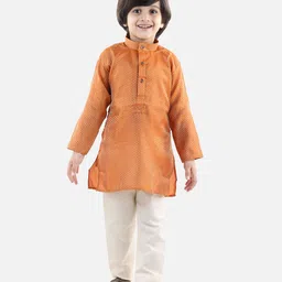 BownBee Full Sleeves Motif Self Designed Jacquard Kurta With Pyjama - Orange-picture-10
