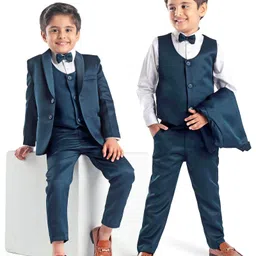 Babyhug Full Sleeves Solid Color 5 Pieces Party Suit With Waistcoat & Bow -Teal Blue-picture-21