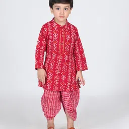 Babyhug Cotton Cambric Wovenn Full Sleeves Kurta Dhoti Set Floral Print - Red-picture-17