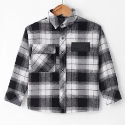 Little Kangaroos Cotton Knit Regular Collar Full Sleeves Checkered Shirt with Pocket Detailing - Black-image-0