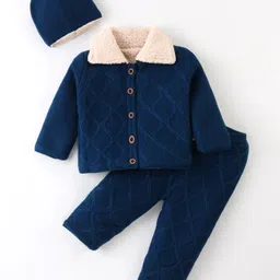 Yellow Apple Knit Full Sleeves Front Open Sweater Set with Cap Cable Knit Design - Airforce Blue-picture-18