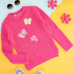 Pantaloons Junior Cotton Full Sleeves Sequins Embellished Butterflies Designed Sweater - Fuchsia-image-7