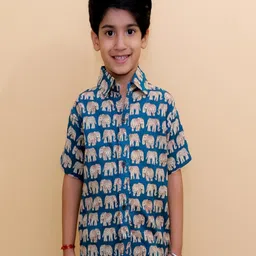 The Mom Store Cotton Half Sleeves Elephants Printed Shirt - Teal Blue-picture-18