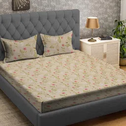 BhaiJi Bedsheets 220 TC Glace Cotton Bed Sheet King Size 108x108 Inch With 2 Pillow covers - Beige Booti image 1
