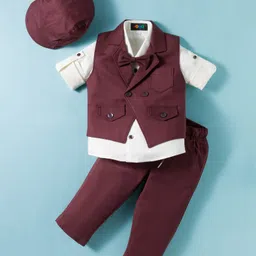 Robo Fry Cotton Woven Full Sleeves Solid Color 3 Piece Party Suit with Cap & Bow - Maroon & White-picture-12