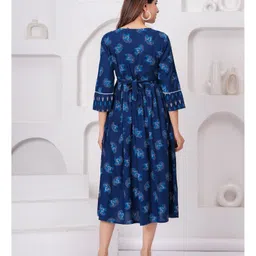 CeleBravo Three Fourth Sleeves Floral Printed Lace Embellished Maternity Dress With Concealed Zipper Nursing Access - Teal Blue image 3