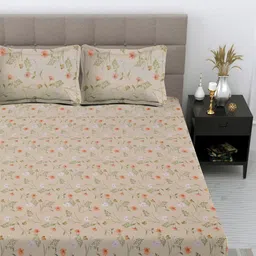 BhaiJi Bedsheets 220 TC Glace Cotton Bed Sheet King Size 108x108 Inch With 2 Pillow covers - Beige Booti image 2