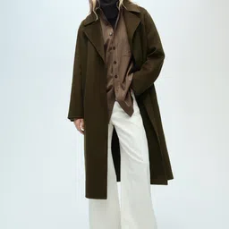 MANGO Notched Lapel CollarFront-Open Longline Handmade Overcoat with Belt-picture-21