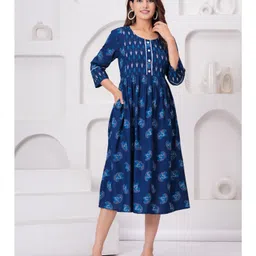 CeleBravo Three Fourth Sleeves Floral Printed Lace Embellished Maternity Dress With Concealed Zipper Nursing Access - Teal Blue image 4