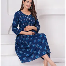 CeleBravo Three Fourth Sleeves Floral Printed Lace Embellished Maternity Dress With Concealed Zipper Nursing Access - Teal Blue image 5