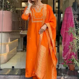 MEHZEEL FAB Ethnic Motifs Embroidered Notch Neck Straight Kurta With Trousers & Dupatta image 2