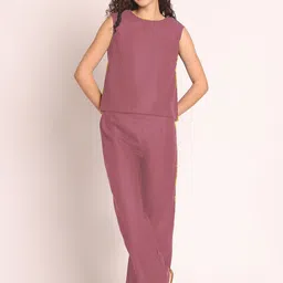 EROTISSCH Women Mauve Linen Round Neck Top With Trousers Co-Ords-image-4