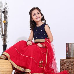 Babyhug Sleeveless Choli Lehenga with Tassels & Ruffled Dupatta Set with Golden Border - Red-image-115