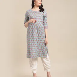 Bella Mama 3/4th Sleeves Floral Print Kurta - Blue-picture-28