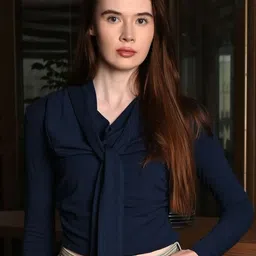 ODETTE Women Tie-Up Neck Blue Cotton Rib Solid Top-picture-22