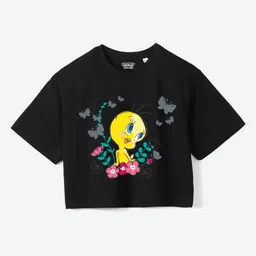 YK Warner Bros Girls Printed Pure Cotton Applique Boxy T-shirt-image-73