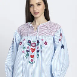 SHAYE White Round Neck Embroidered Three-Quarter Sleeves Casual Tops For Women-picture-15